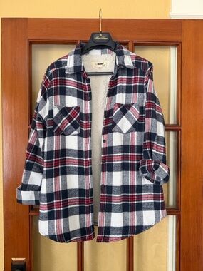 C.C Plaid Sherpa-Lined Shacket - Black, White & Red